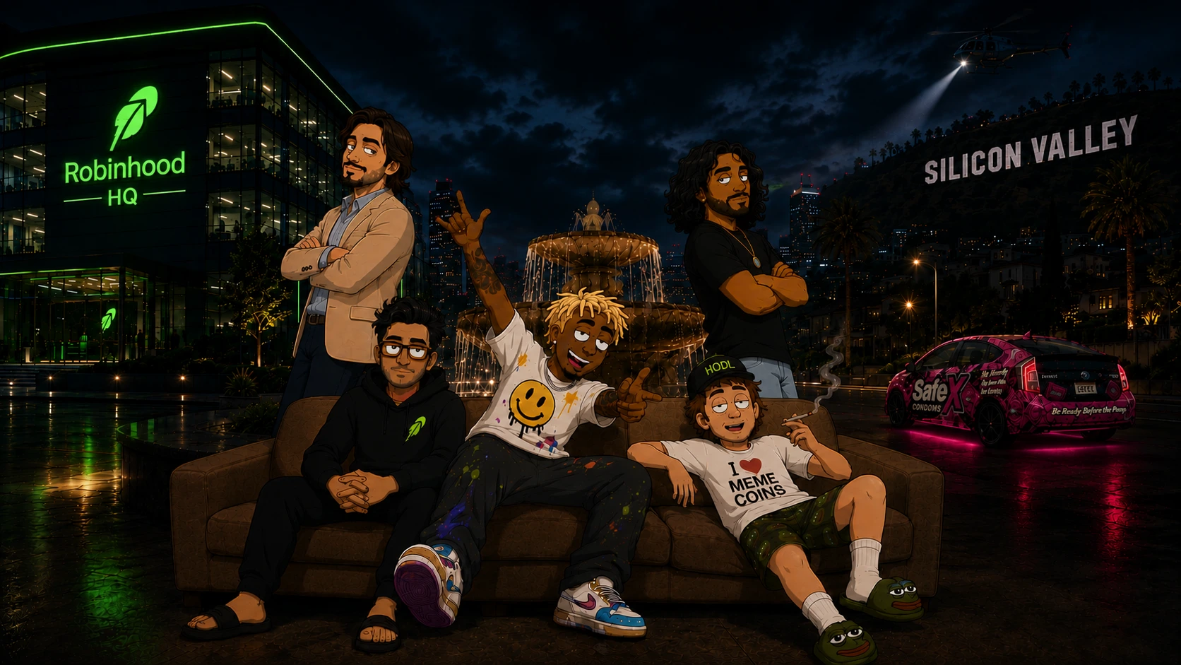 Under the Hood key art showing the main crew in front of Robinhood HQ